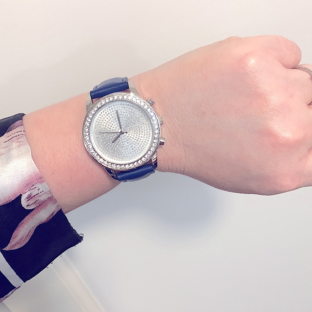 🆕*ADRIENNE Diamond Studded XLG Face Quartz Stainless Steel Back+Blue Watch Band